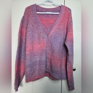 Devoted Women's XL Pink and Purple Ombre Cardigan Deep V Neck Button Front